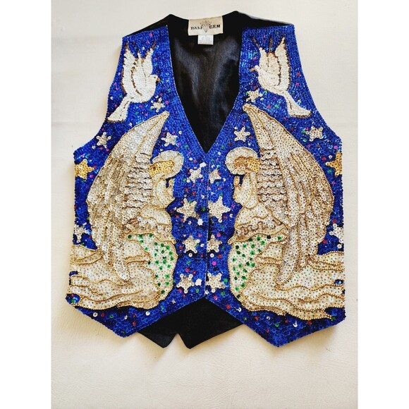 Vintage Bali Gem  Sequin Vest Button Up Christmas Angel Holiday Religious Small - Picture 2 of 7